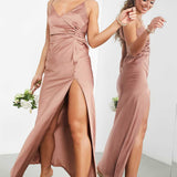 Asos Edition Satin Cami Maxi Dress With Drape Detail In Cinnamon Rose