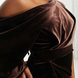 Asos Design Petite Velvet One Shoulder Draped Midi Pencil Dress In Chocolate