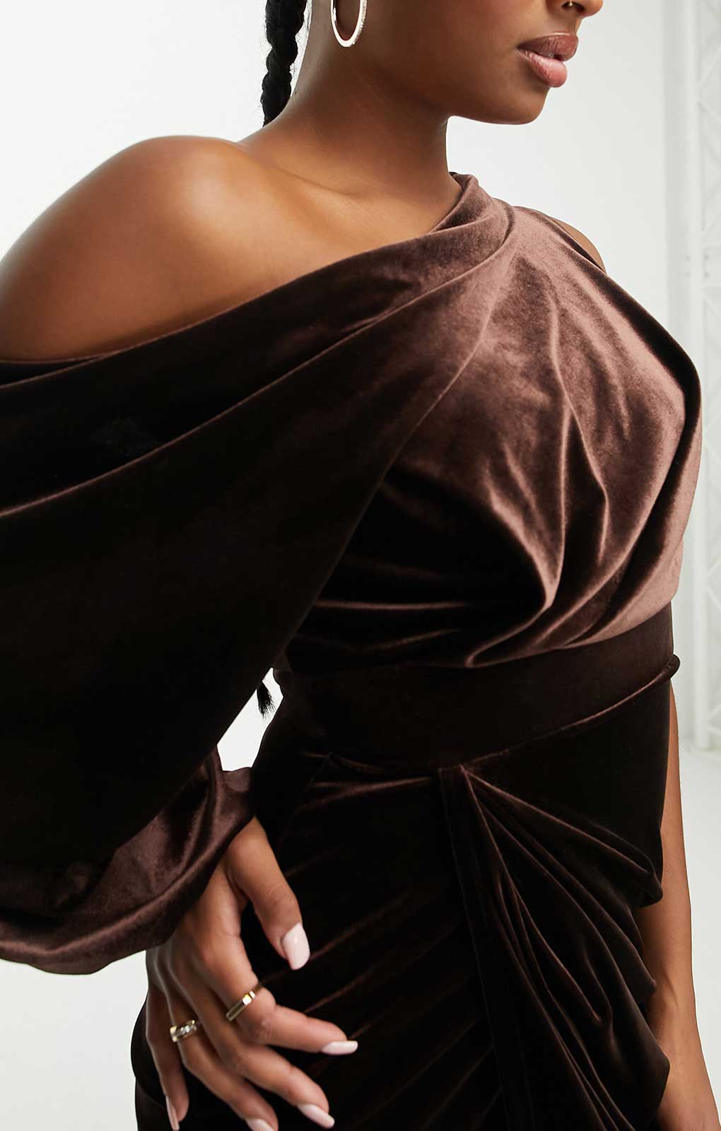 Asos Design Petite Velvet One Shoulder Draped Midi Pencil Dress In Chocolate product image