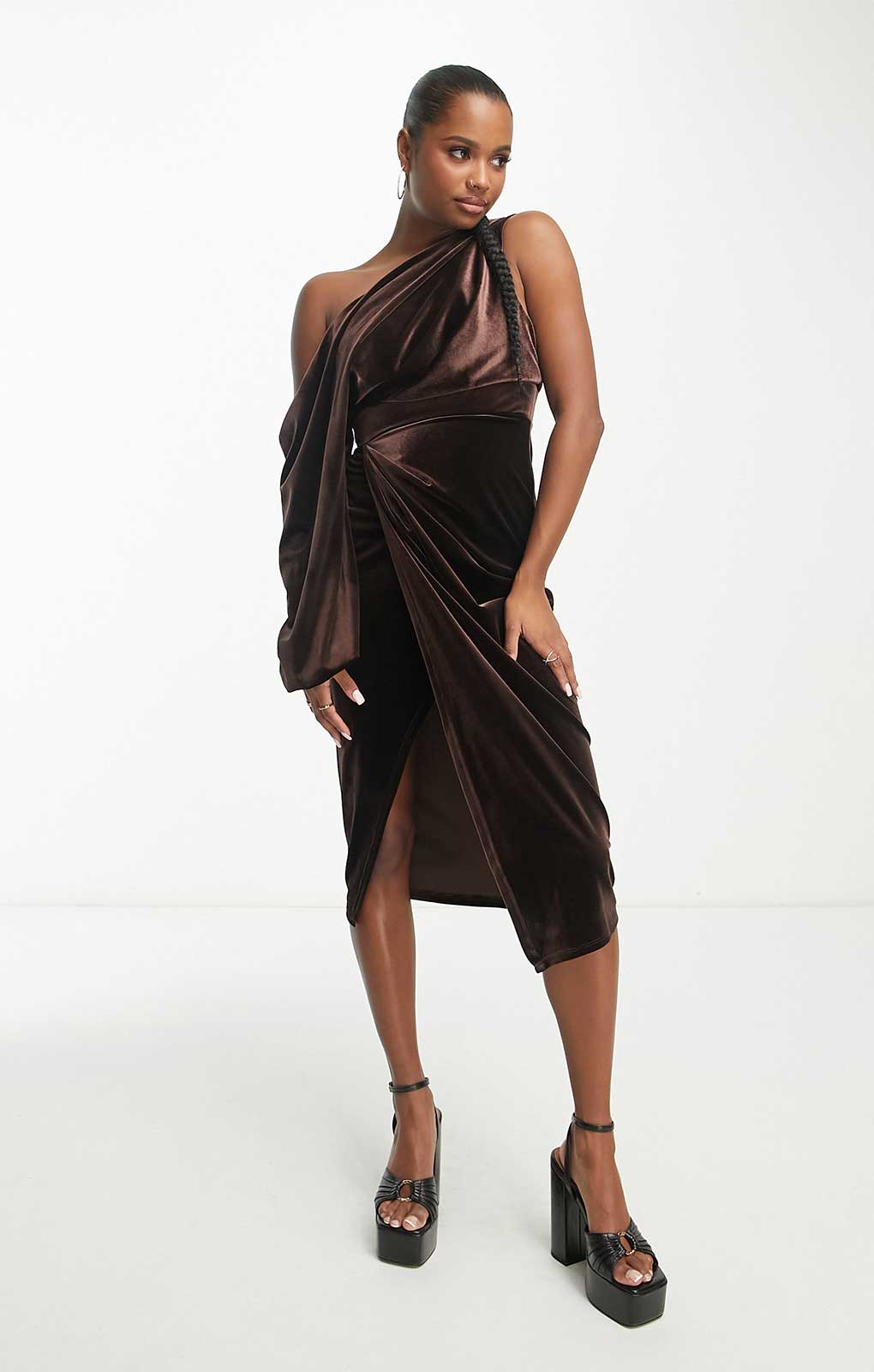 Asos Design Petite Velvet One Shoulder Draped Midi Pencil Dress In Chocolate
