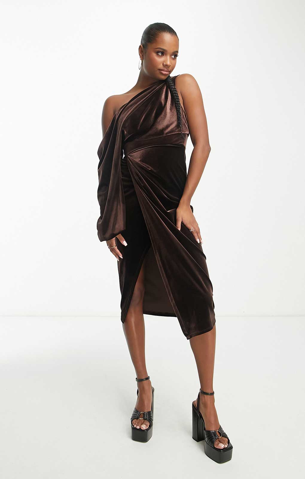 Asos Design Petite Velvet One Shoulder Draped Midi Pencil Dress In Chocolate product image