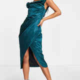Asos Design Off Shoulder Bardot Boned Tuck Midi Dress In Structured Satin Teal product image