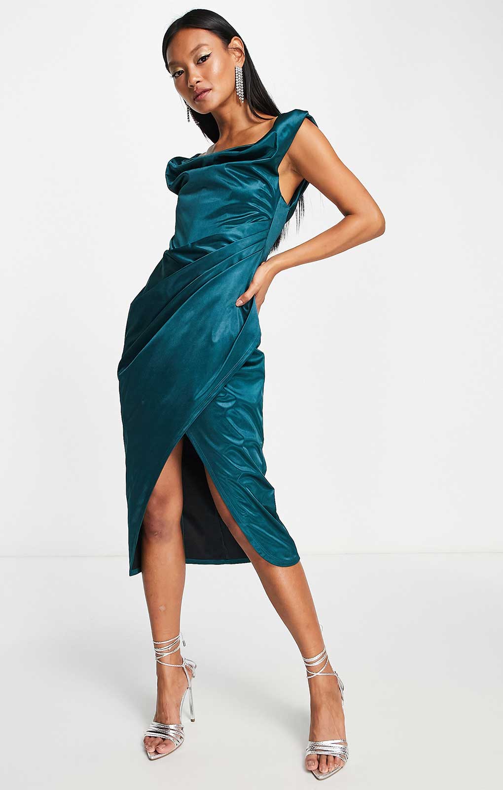 Asos Design Off Shoulder Bardot Boned Tuck Midi Dress In Structured Satin Teal product image