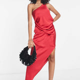 Asos Design Satin One Shoulder Drape Midi Dress In Red product image