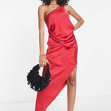 Asos Design Satin One Shoulder Drape Midi Dress In Red