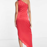 Asos Design Satin One Shoulder Drape Midi Dress In Red