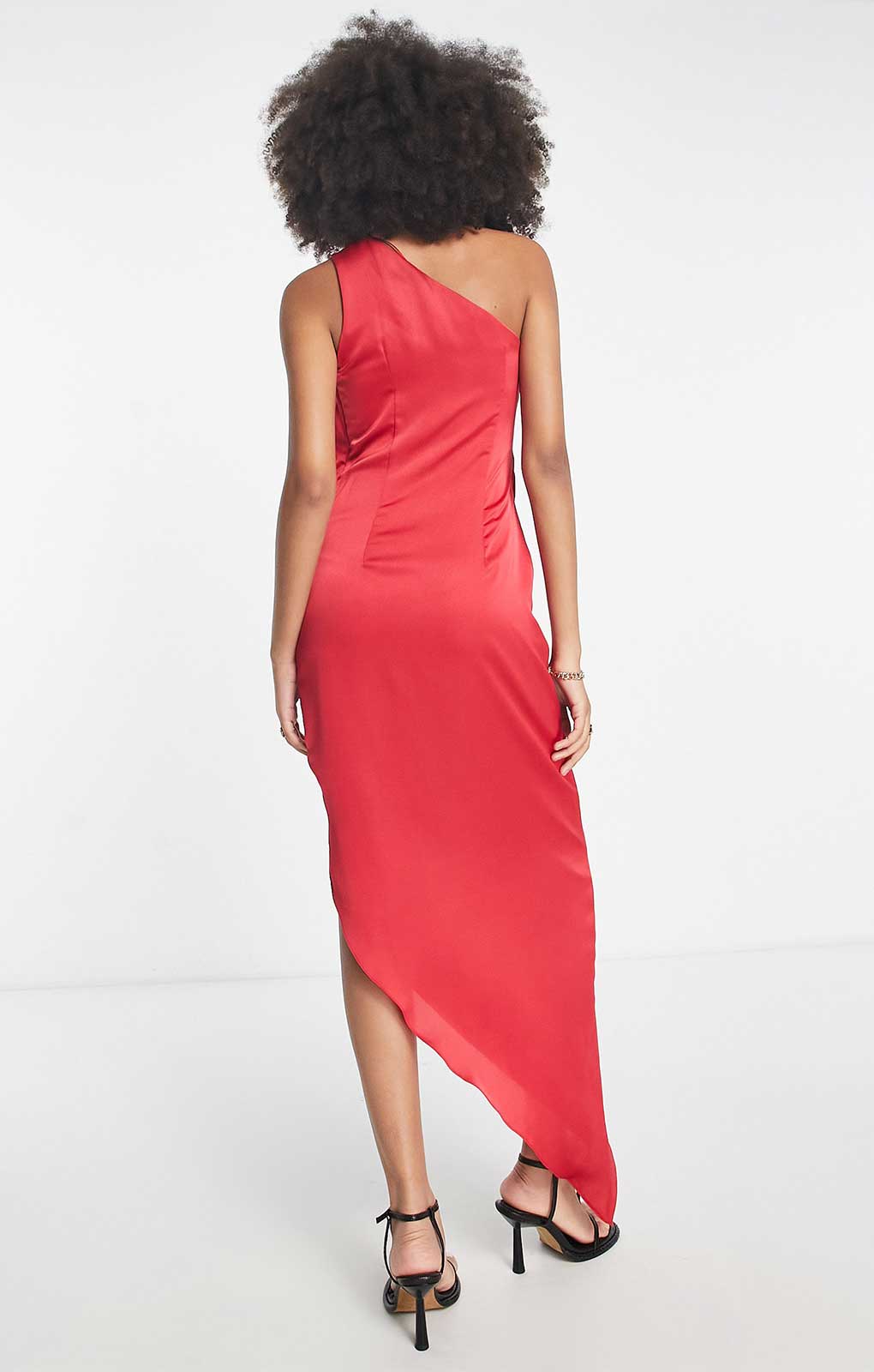 Asos Design Satin One Shoulder Drape Midi Dress In Red