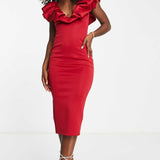 Asos Design Deep Plunge Scrunch Neck Midi Dress In Red