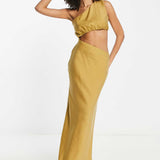 Asos Design One Shoulder Maxi Dress In Washed Fabric With Cut Out Waist In Stone