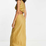 Asos Design One Shoulder Maxi Dress In Washed Fabric With Cut Out Waist In Stone