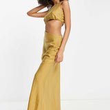 Asos Design One Shoulder Maxi Dress In Washed Fabric With Cut Out Waist In Stone