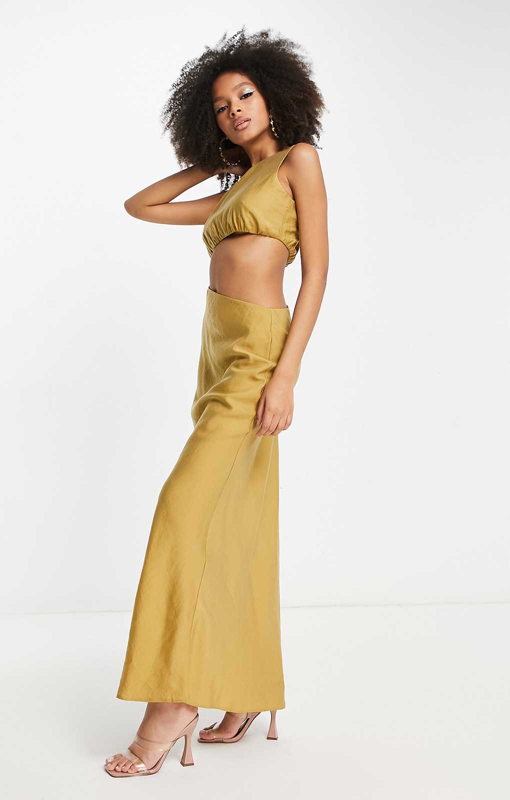 Asos Design One Shoulder Maxi Dress In Washed Fabric With Cut Out Waist In Stone