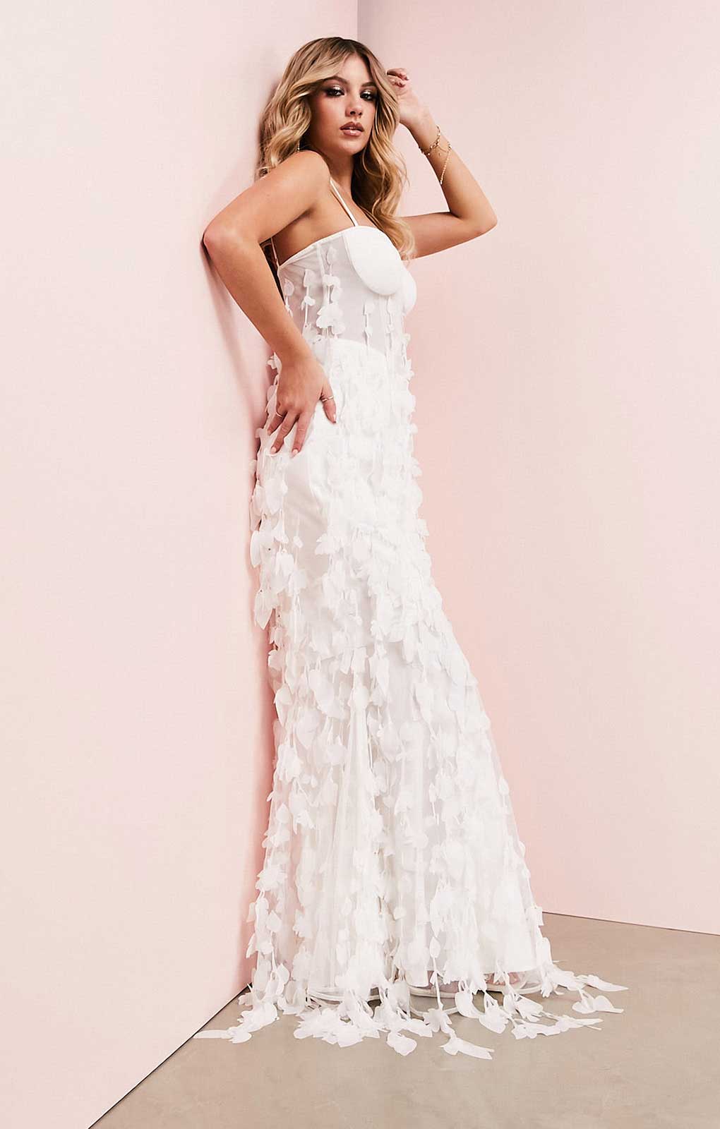 Asos Luxe Wedding 3D Fringe Cupped Fishtail Maxi Dress In White product image
