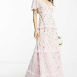 Asos Petite Flutter Sleeve Embellished Wrap Maxi Dress With Embroidery In Light Pink