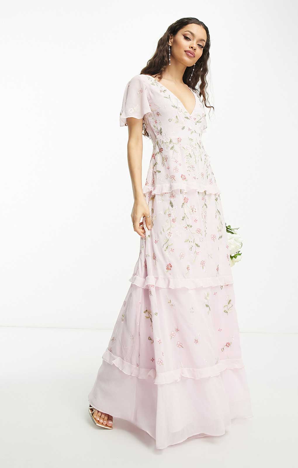 Asos Petite Flutter Sleeve Embellished Wrap Maxi Dress With Embroidery In Light Pink