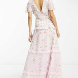Asos Petite Flutter Sleeve Embellished Wrap Maxi Dress With Embroidery In Light Pink