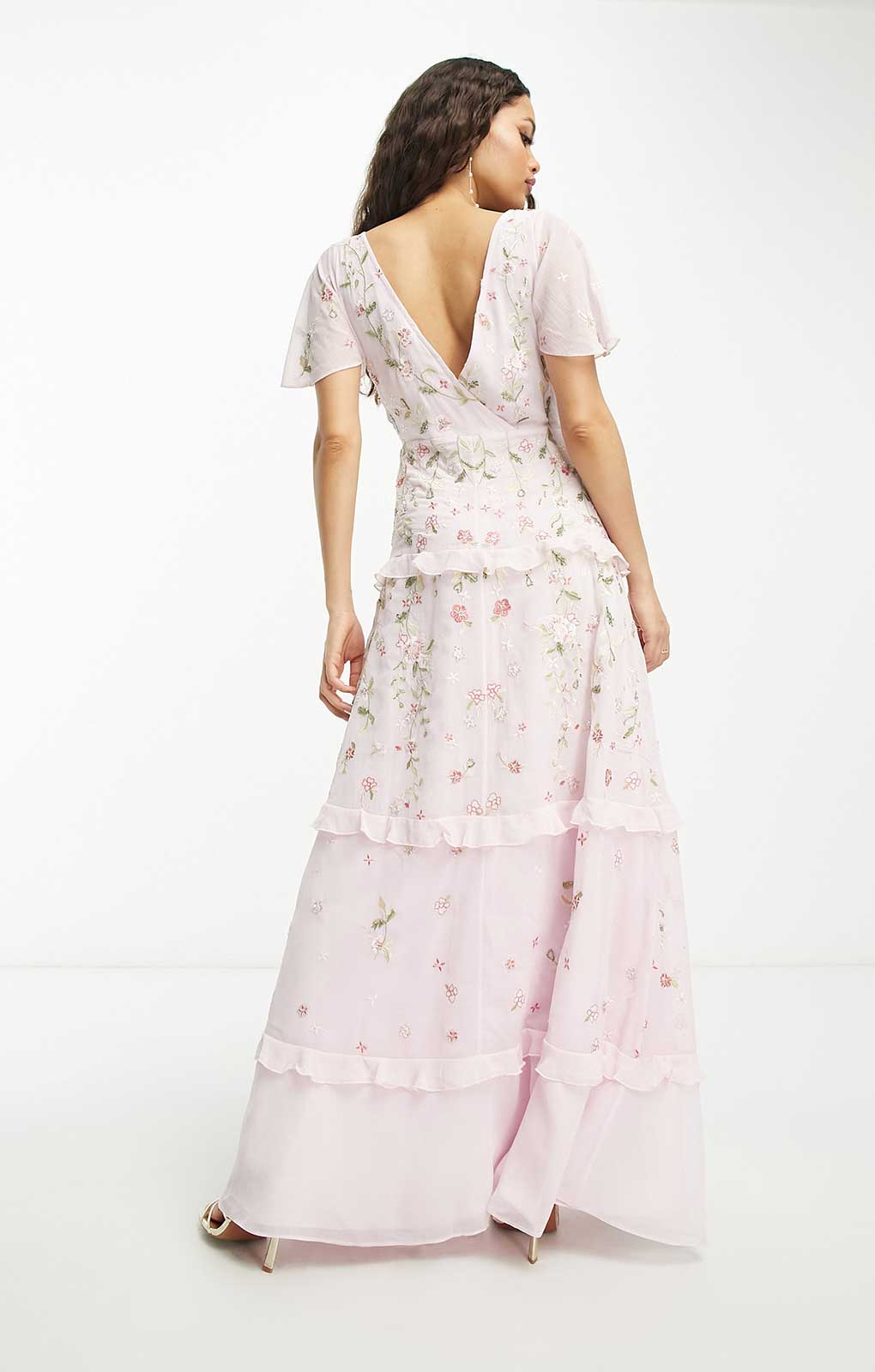 Asos Petite Flutter Sleeve Embellished Wrap Maxi Dress With Embroidery In Light Pink