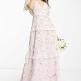 Asos Petite Flutter Sleeve Embellished Wrap Maxi Dress With Embroidery In Light Pink