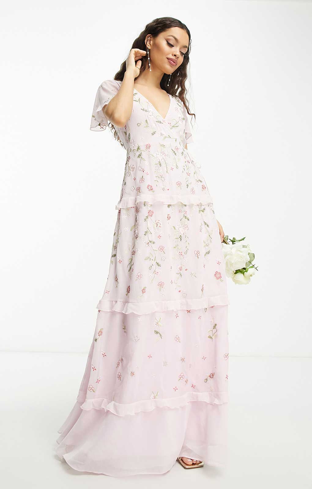 Asos Petite Flutter Sleeve Embellished Wrap Maxi Dress With Embroidery In Light Pink