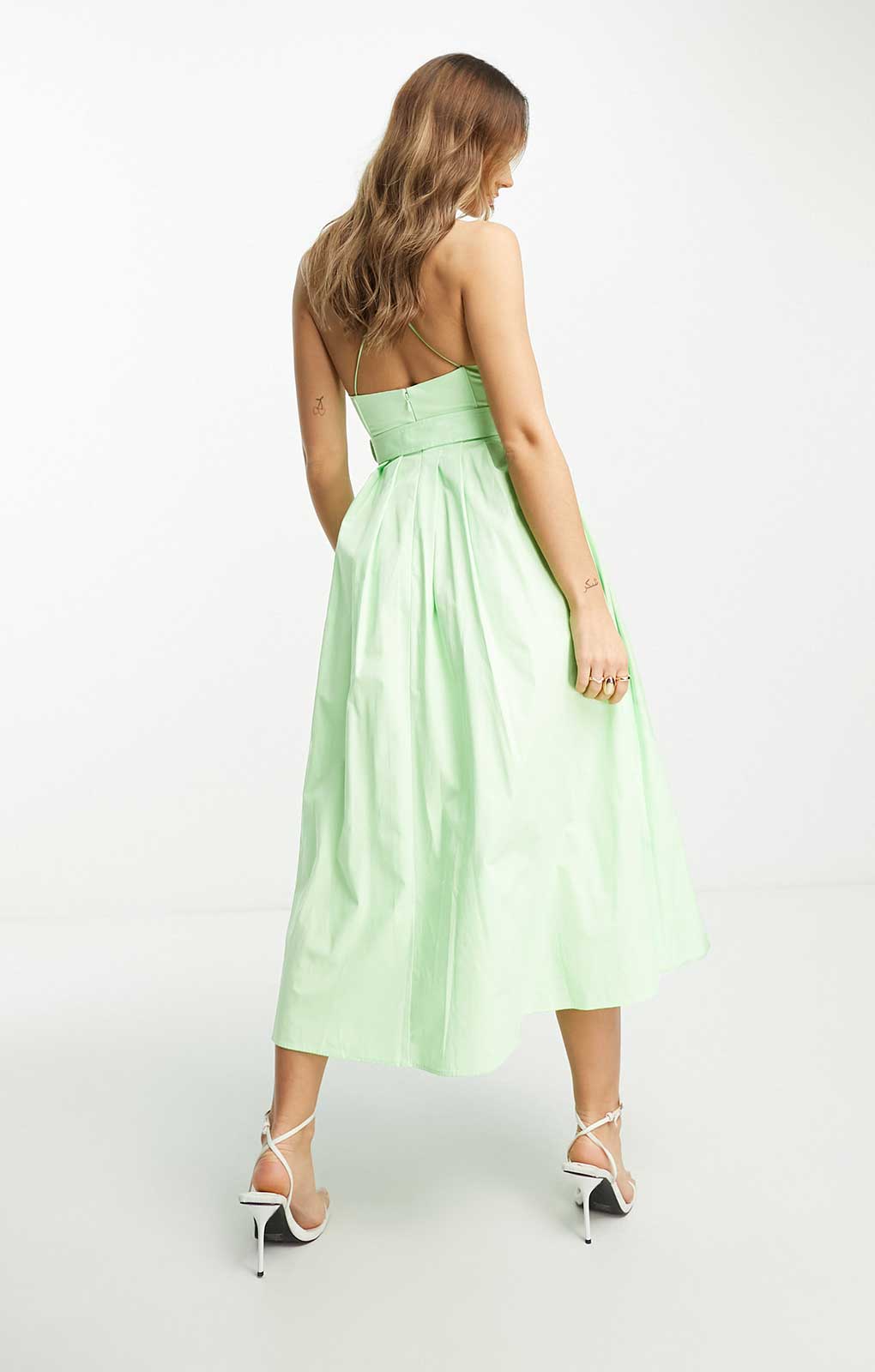 Asos Design Cotton Cut Out Pleat Detail Midi Dress With Belt In Lime Green product image