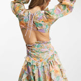 Asos Design Ruched Waist Plunge Mini Dress With Ruffle Skirt And Open Back Detail In Blurred Floral Print product image