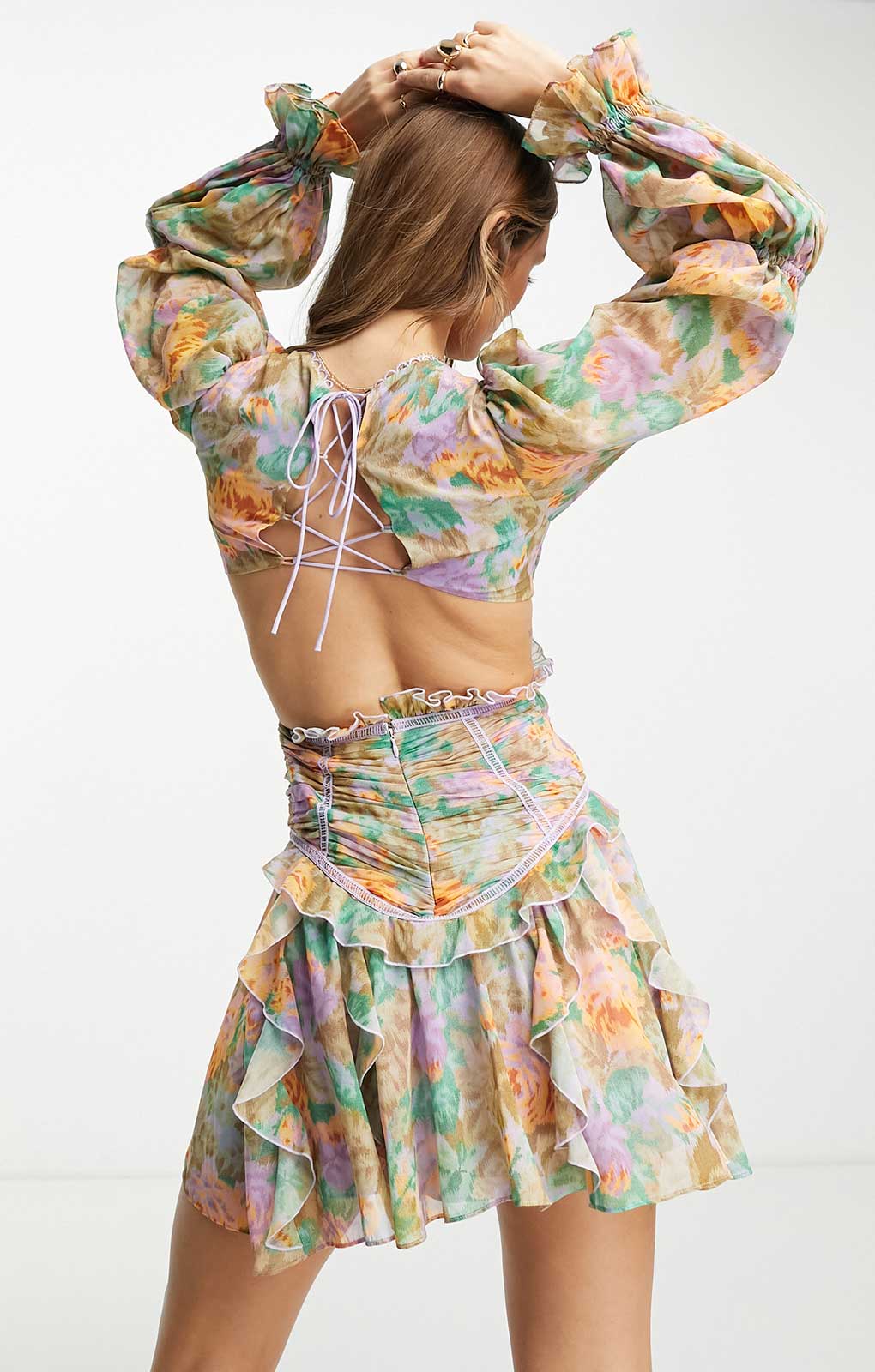 Asos Design Ruched Waist Plunge Mini Dress With Ruffle Skirt And Open Back Detail In Blurred Floral Print