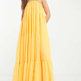 Asos Design Channel Detail Halter Neck Trapeze Tiered Maxi Dress In Bright Orange