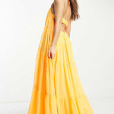 Asos Design Channel Detail Halter Neck Trapeze Tiered Maxi Dress In Bright Orange