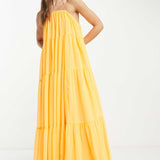 Asos Design Channel Detail Halter Neck Trapeze Tiered Maxi Dress In Bright Orange