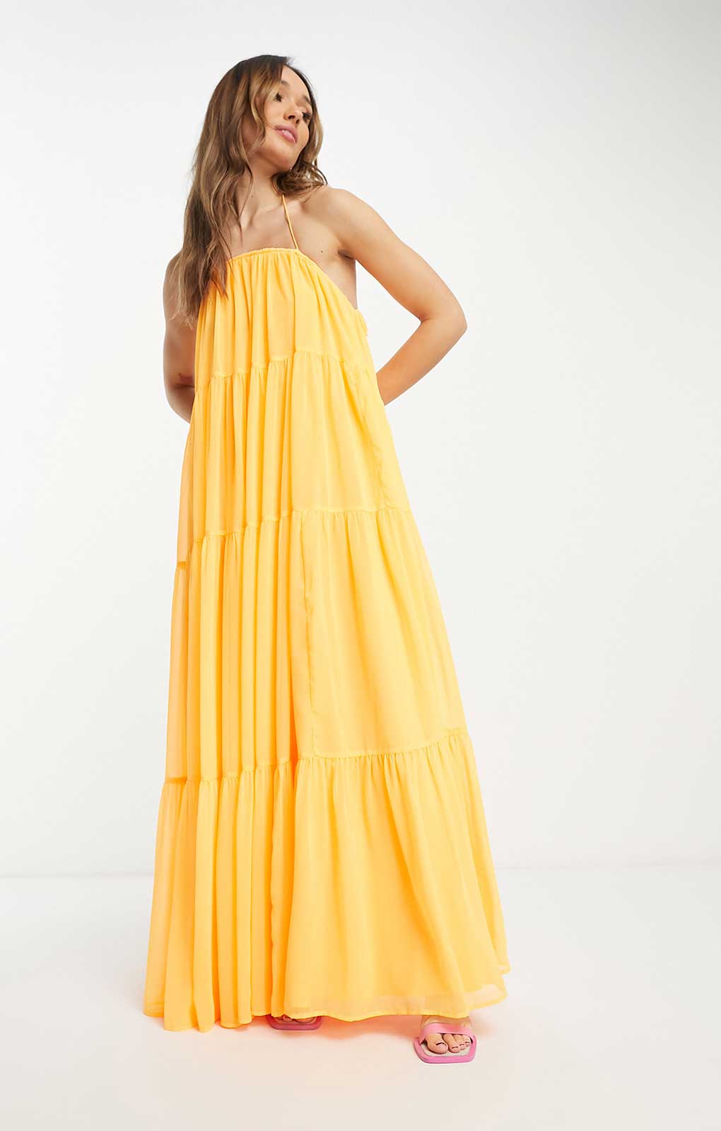 Asos Design Channel Detail Halter Neck Trapeze Tiered Maxi Dress In Bright Orange