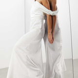 Asos Edition Larisa Satin Draped Shoulder Bodice Dress With Fishtail In Ivory product image