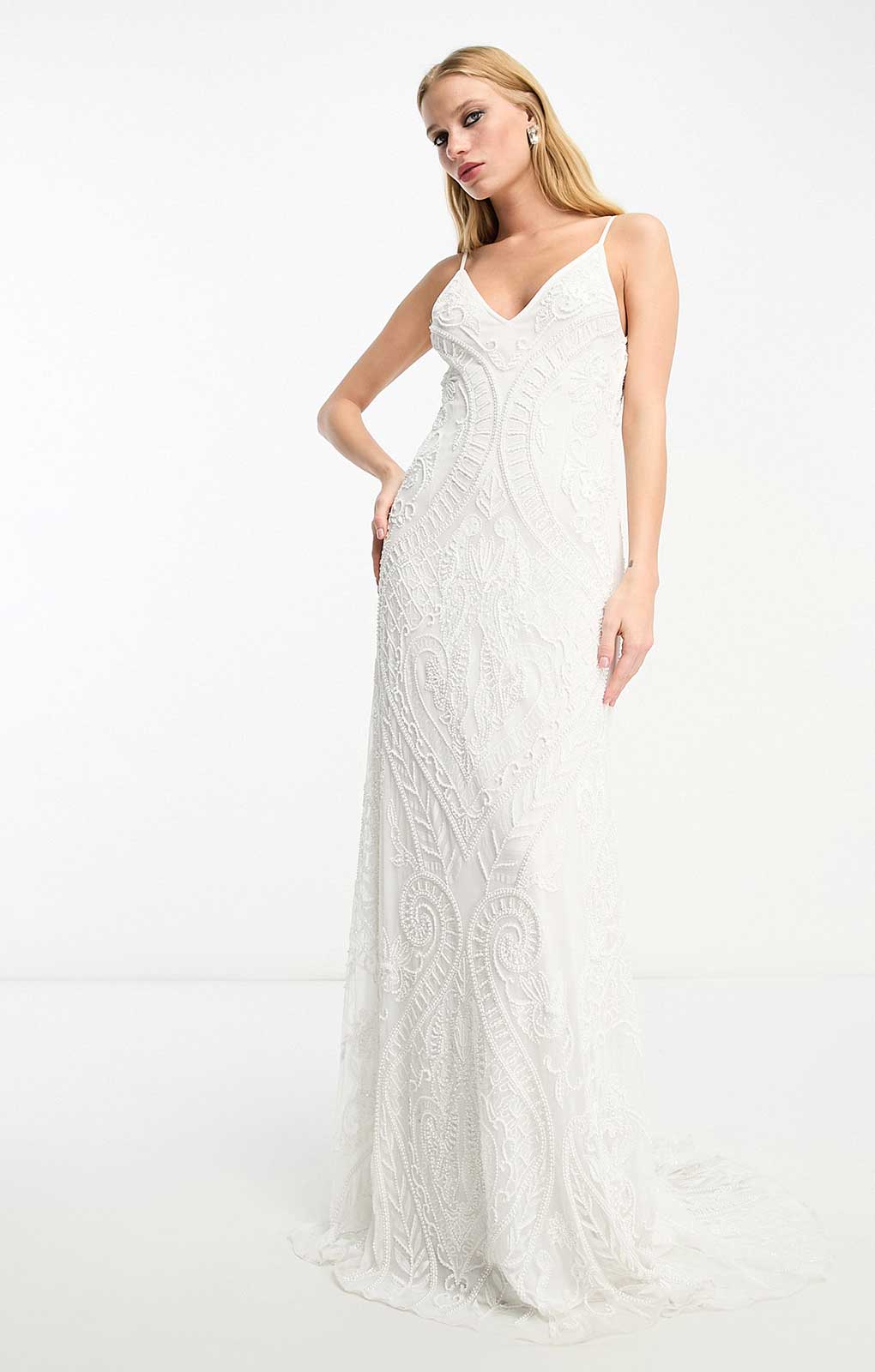 Asos Edition Neve Placement Embroidered And Beaded Cami Wedding Dress In Ivory product image