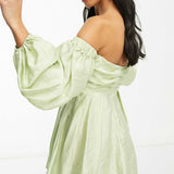 Asos Design Petite Washed Off Shoulder Balloon Sleeve Mini Dress With Wrap Corset Detail In Sage Green product image