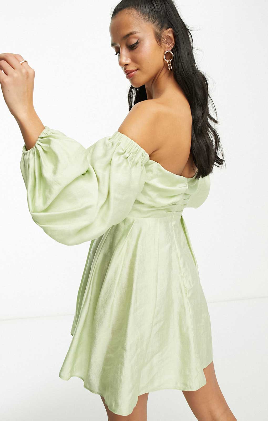 Asos Design Petite Washed Off Shoulder Balloon Sleeve Mini Dress With Wrap Corset Detail In Sage Green product image