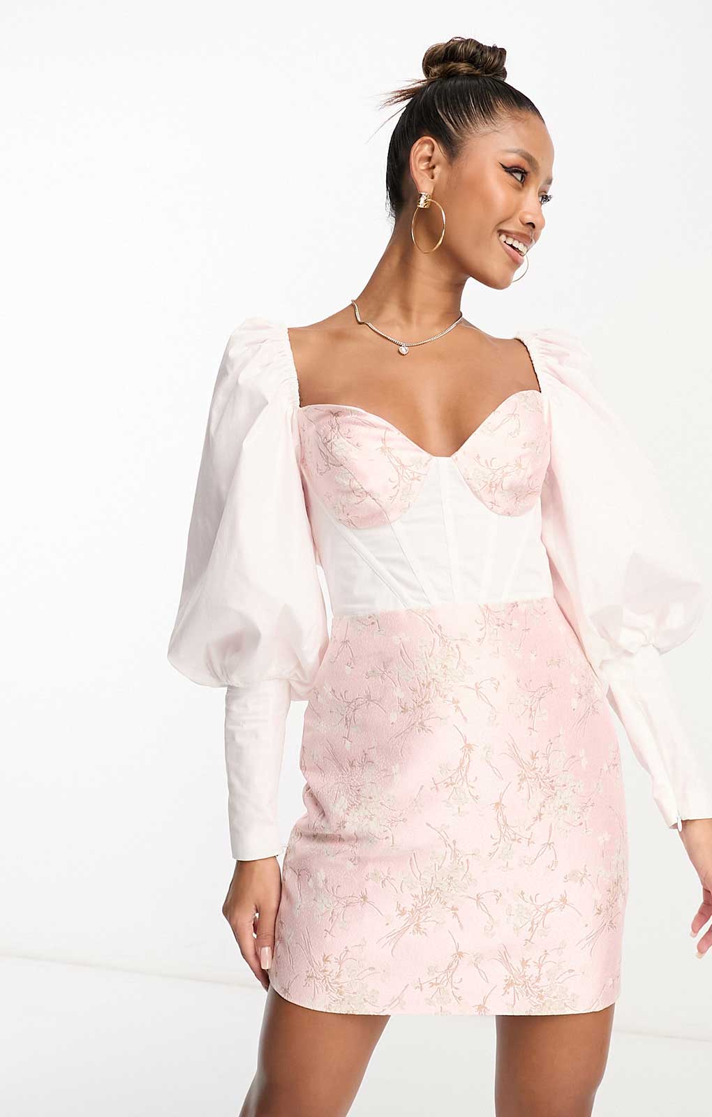Asos Luxe Corset Jacquard Mini Dress With Poplin Sleeve In Pink