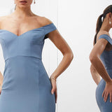 Asos Edition Crepe Bardot Column Maxi Dress With Split In Dusky Blue product image