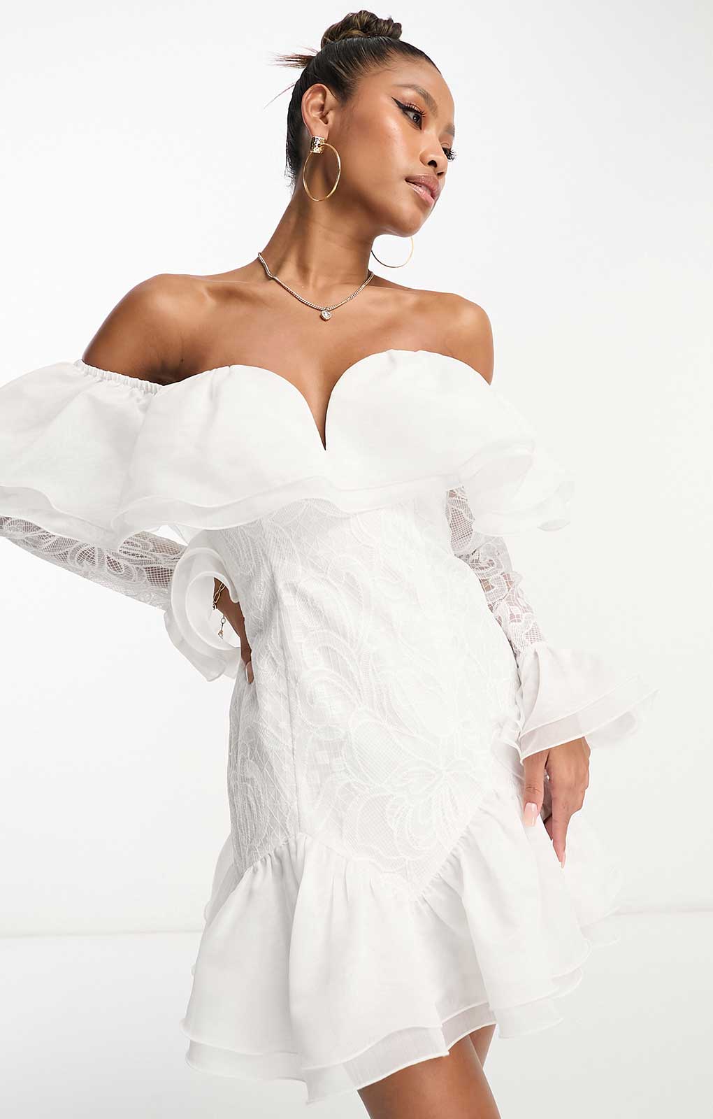 Rent Asos Luxe Off Shoulder Ruffle Embroidered Mini Dress In White | Hirestreet Rent Asos Luxe Off Shoulder Ruffle Embroidered Mini Dress In White | Hirestreet