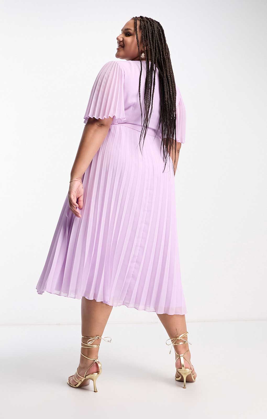 Rent Asos Design Curve Exclusive Midi Dress With Kimono Sleeve And Tie Waist In Pleat In Lilac