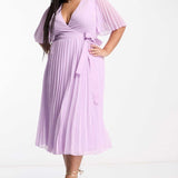 Asos Design Curve Exclusive Midi Dress With Kimono Sleeve And Tie Waist In Pleat In Lilac
