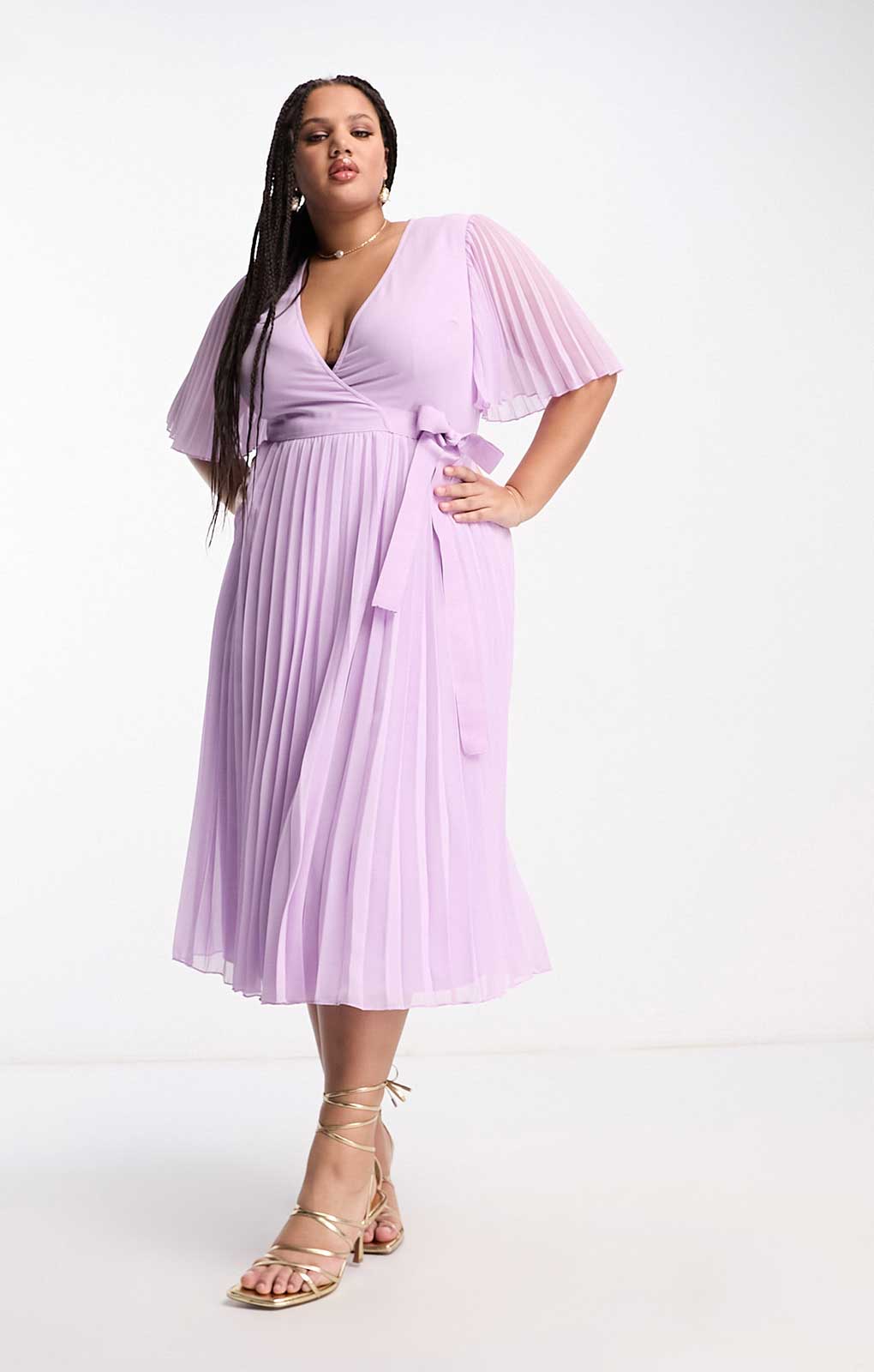 Asos Design Curve Exclusive Midi Dress With Kimono Sleeve And Tie Waist In Pleat In Lilac product image