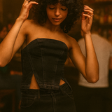 Topshop Denim Corset With Let Down Hem In Washed Black