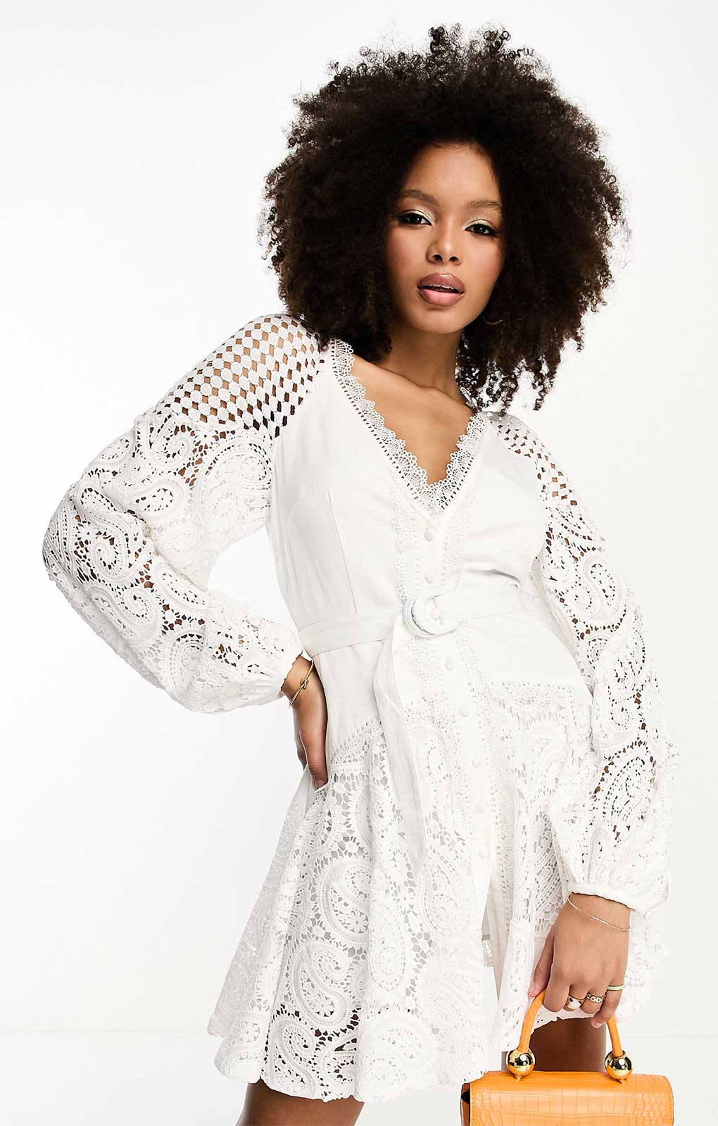 Asos Design Lace Insert Belted Mini Dress With Button Detail In White Asos Design Lace Insert Belted Mini Dress With Button Detail In White