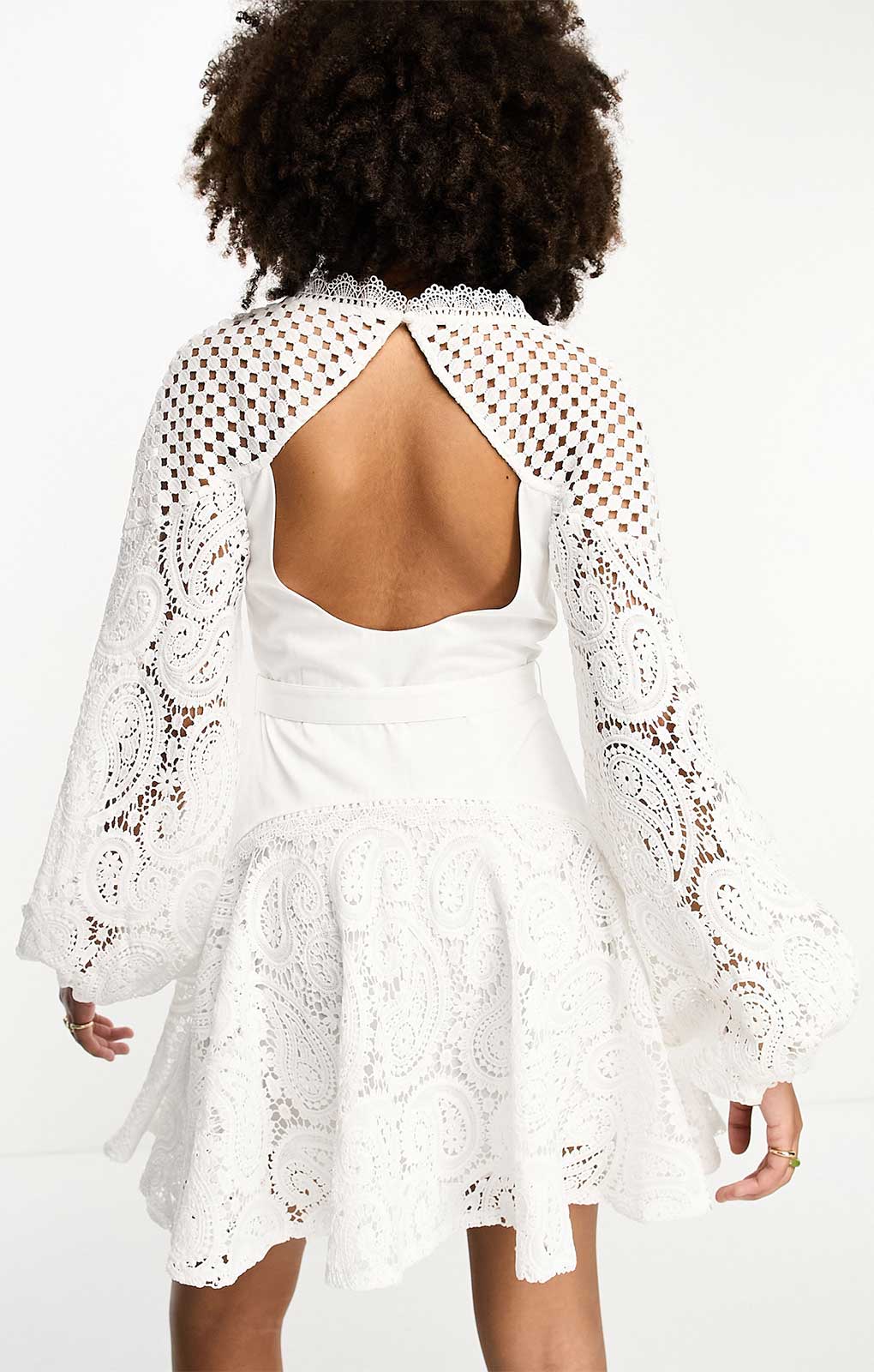 Asos Design Lace Insert Belted Mini Dress With Button Detail In White
