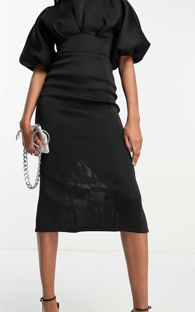 Asos Design Tall High Neck Seamed Open Back Midi Pencil Dress In Black