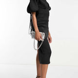Asos Design Tall High Neck Seamed Open Back Midi Pencil Dress In Black