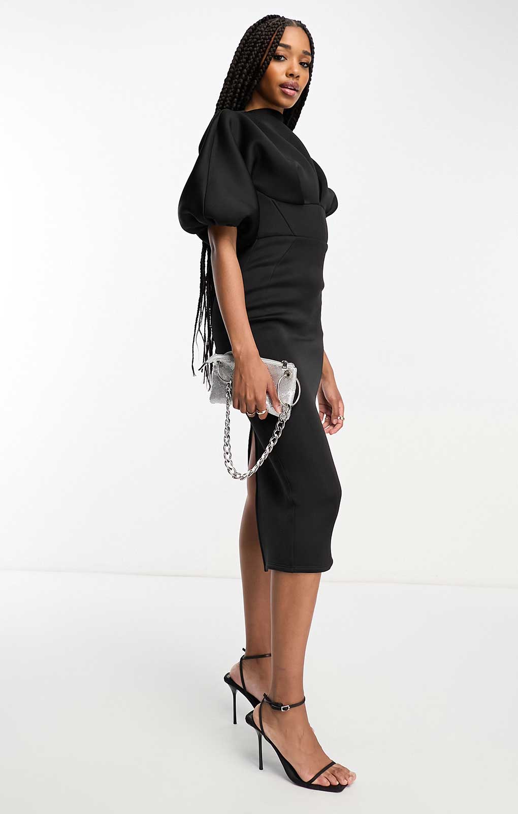 Asos Design Tall High Neck Seamed Open Back Midi Pencil Dress In Black