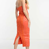 Asos Design Bandeau Mesh Ruched Midi Dress With Satin Insert In Orange