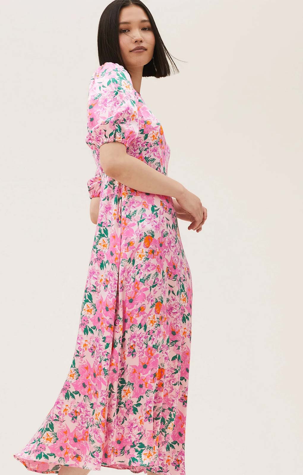 marks and spencer pink floral dress Floral Tie Neck Midaxi Tea Dress | PINK MIX | Dresses