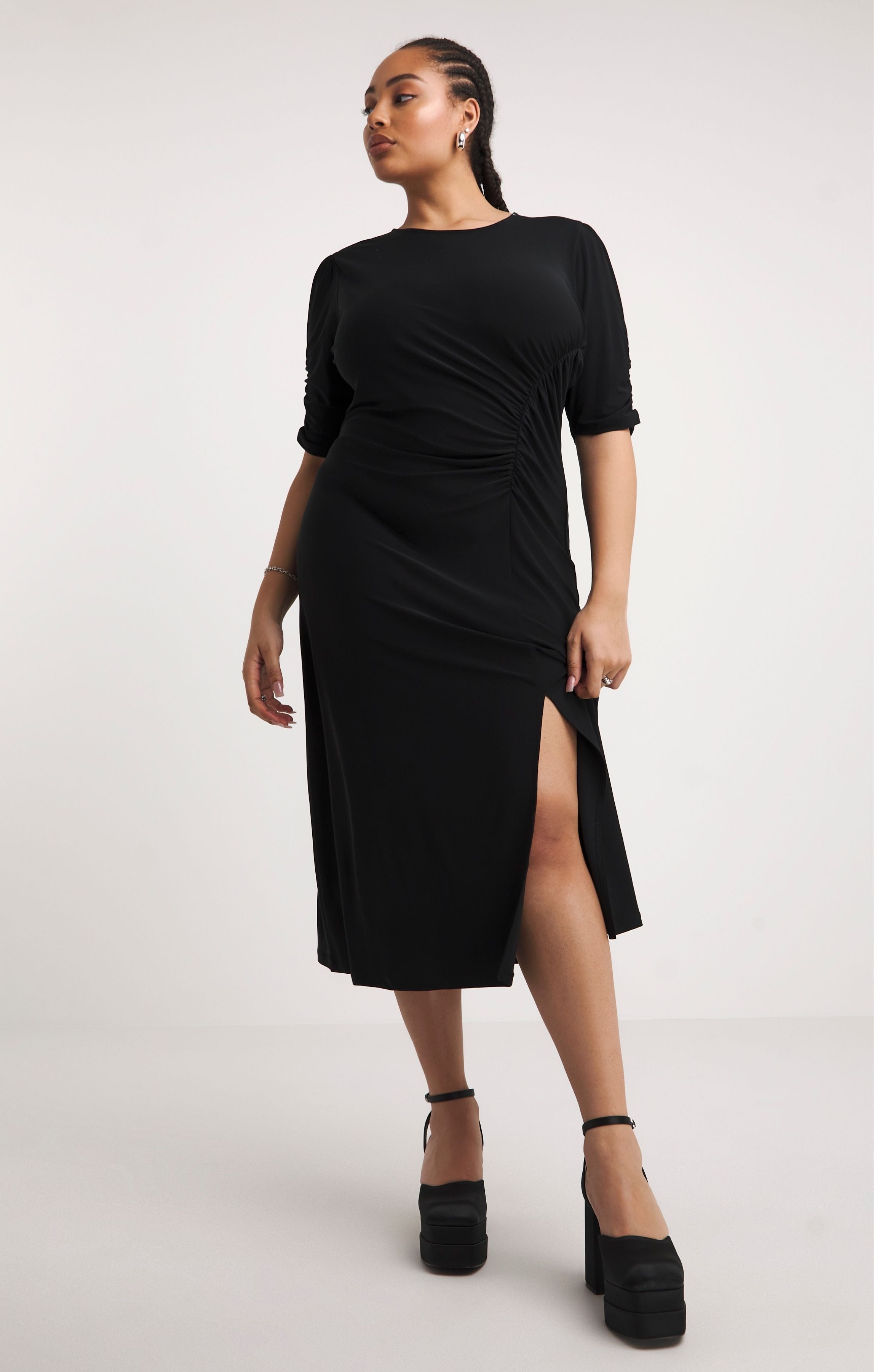Simply Be Black Slinky Ruched Midi Dress
