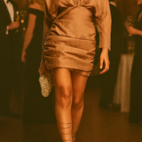 Asos Design Washed Twist Front Long Sleeve Mini Dress With Ruching In Camel